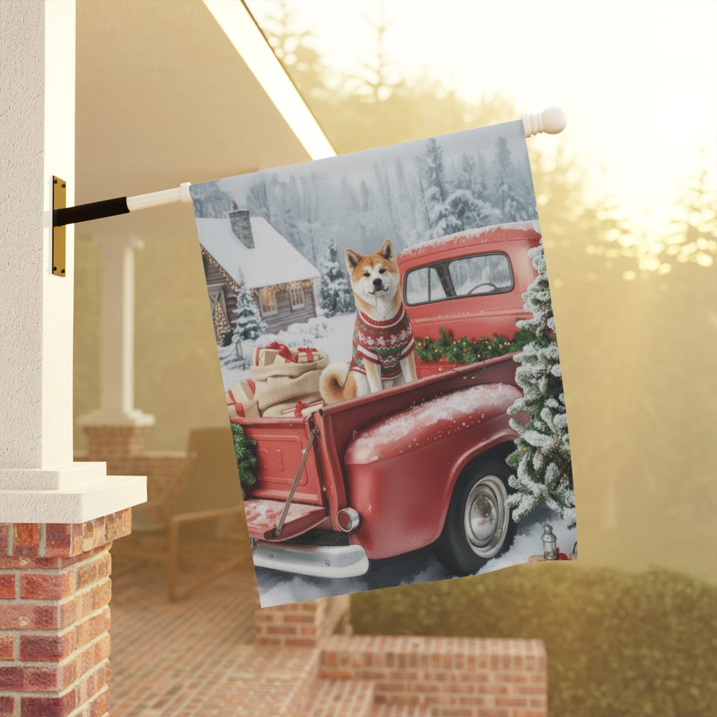 Japanese Akita Red Truck Christmas Garden Flag