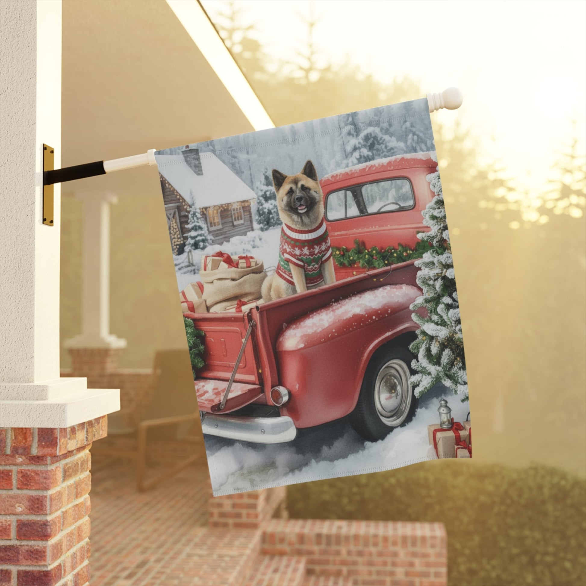Japanese Akita Red Truck Christmas Garden Flag