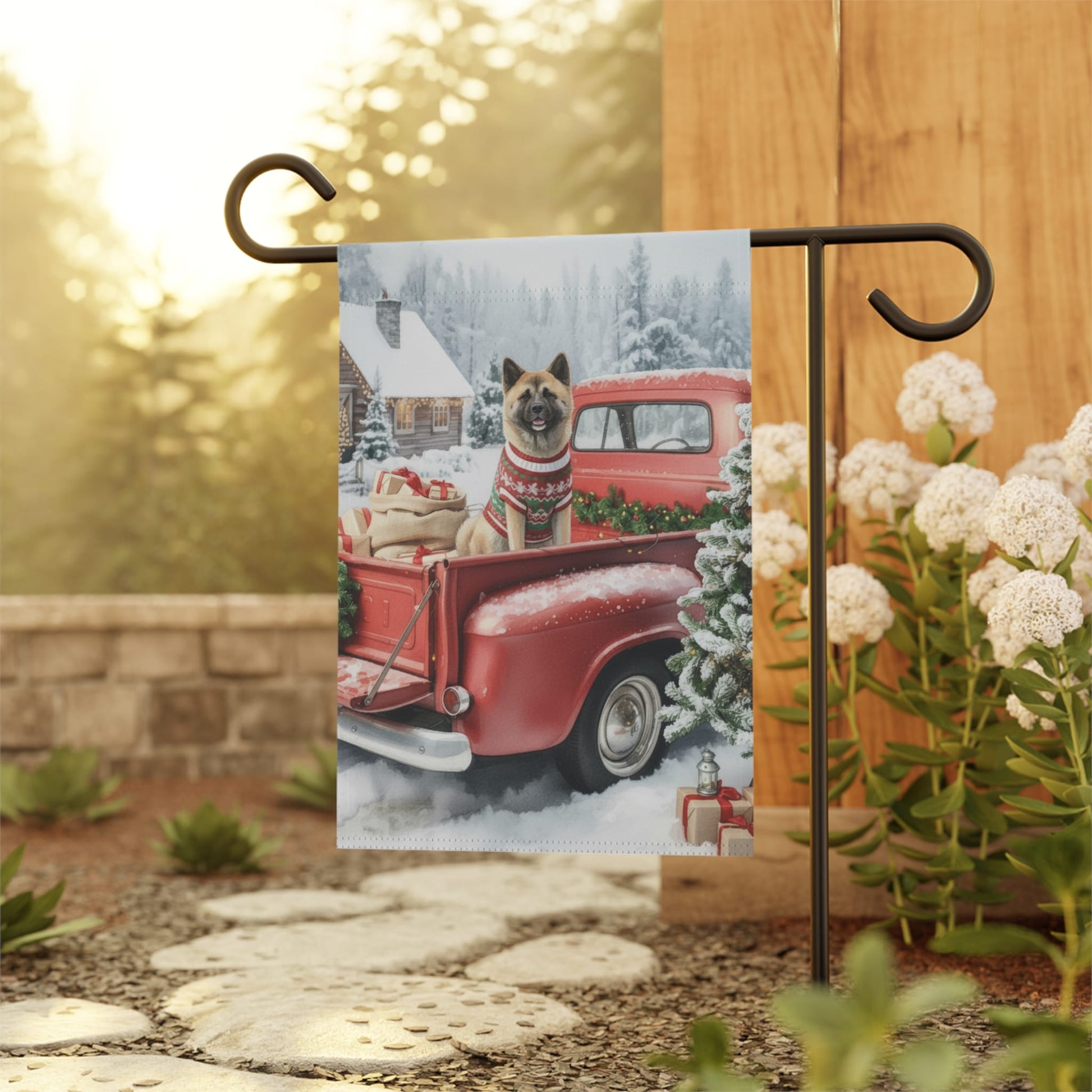 Japanese Akita Red Truck Christmas Garden Flag