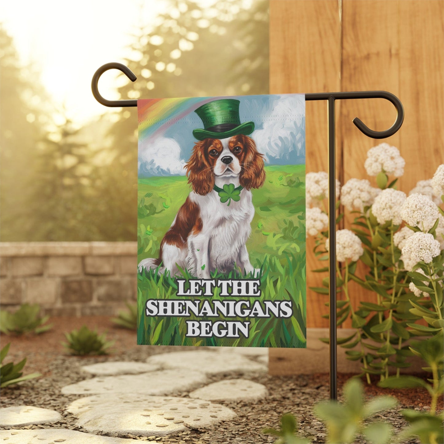 Printify Home Decor 12'' × 18'' King Charles Blenheim Garden Flag, Saint Patricks Day Funny Dog Yard Outside Decor