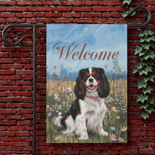 Printify Garden Flag 12'' × 18'' King Charles Cavalier Tricolor Welcome Garden Flag
