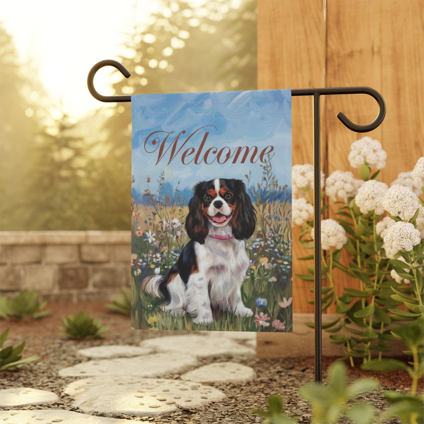 Printify Garden Flag King Charles Cavalier Tricolor Welcome Garden Flag