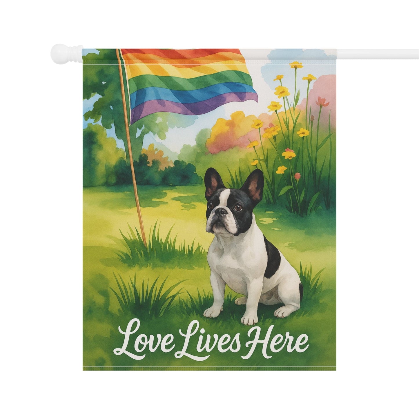 LGBTQ+ Pride Piebald French Bulldog Garden Flag
