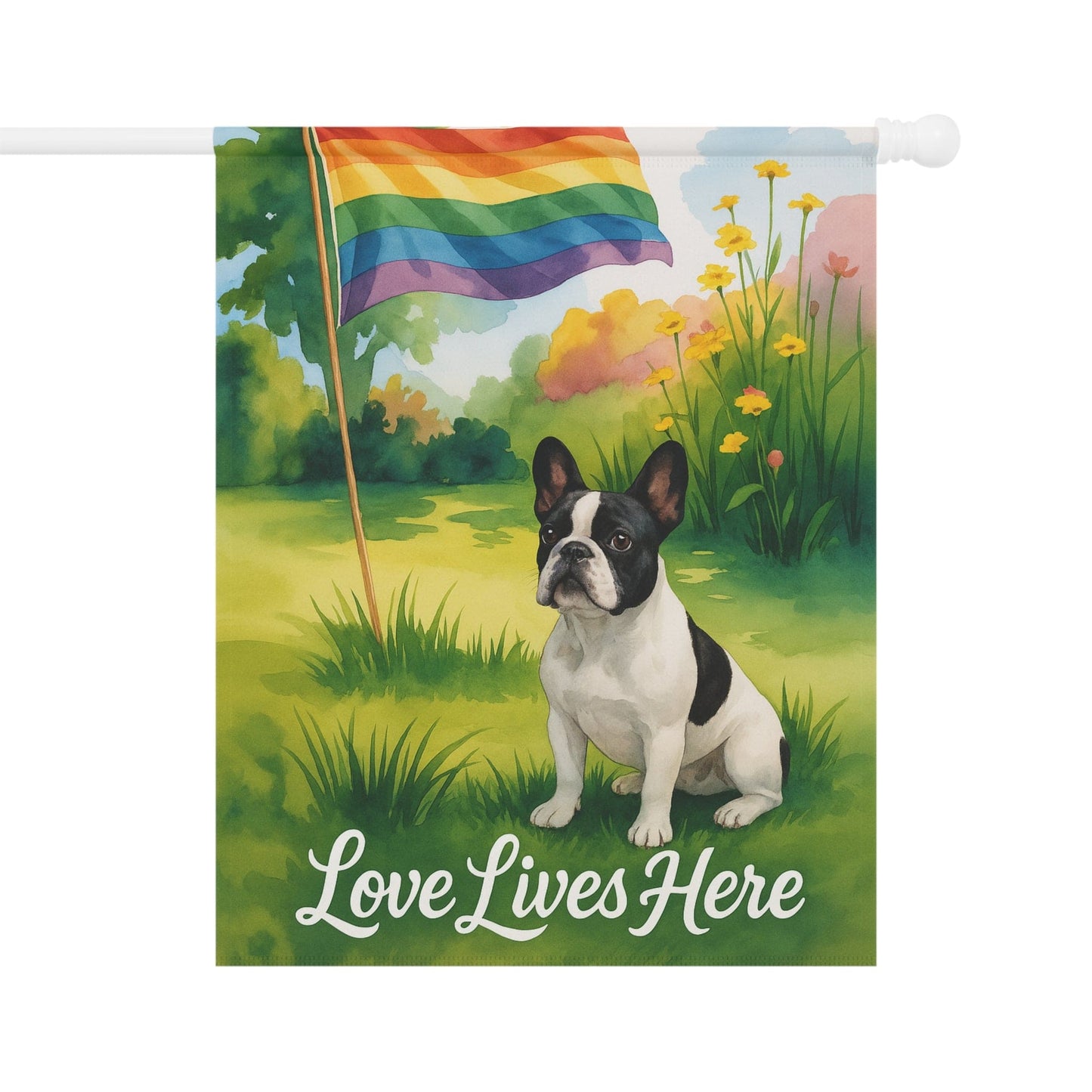 LGBTQ+ Pride Piebald French Bulldog Garden Flag