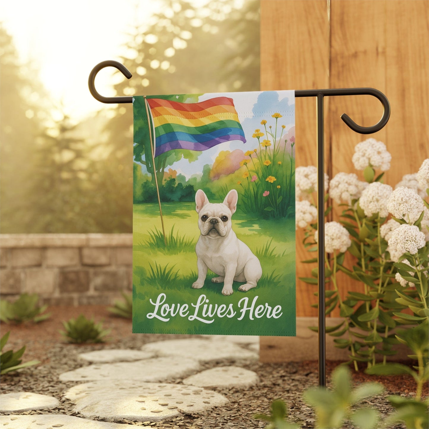 LGBTQ+ Pride White French Bulldog Garden Flag