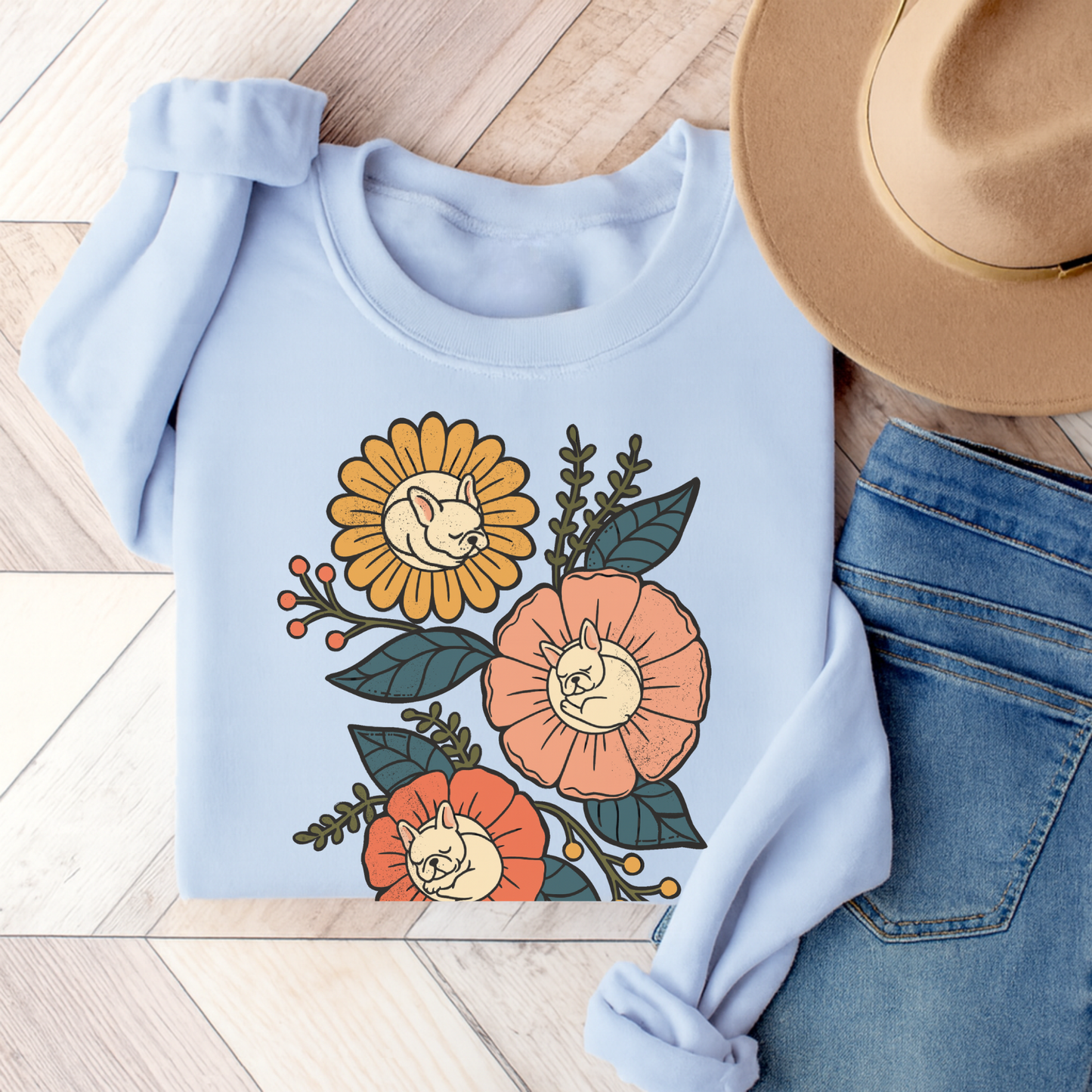 White Frenchie Sleeping Flowers Sweatshirt Light Blue