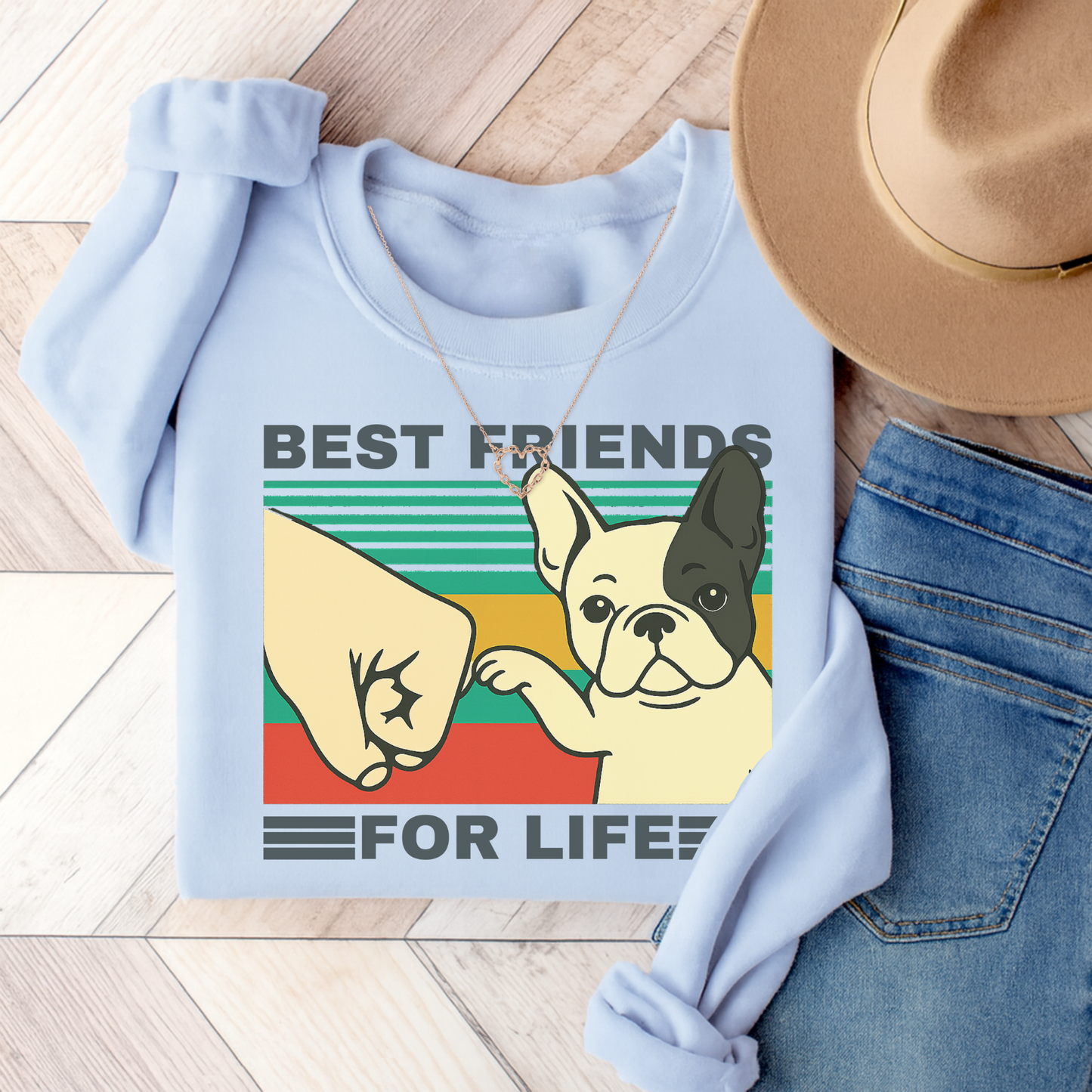 Piebald Frenchie Besties Sweatshirt Light Blue