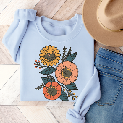 Black Frenchie Sleeping Flowers Sweatshirt Light Blue