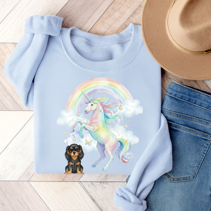 Black Tan Cavalier Watercolor Unicorn Sweatshirt Light Blue