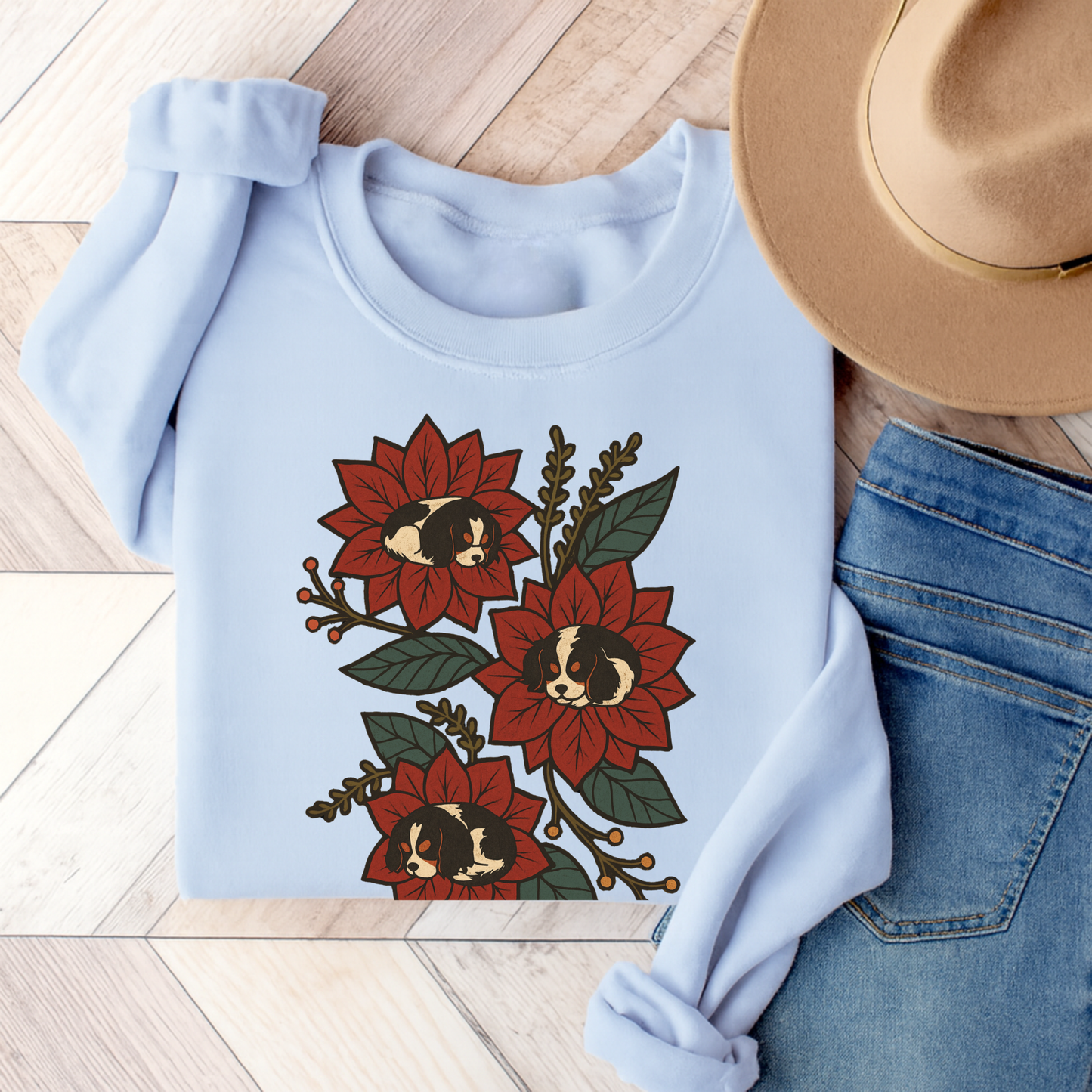 Tricolor Cavalier Christmas Flower Sweatshirt Light Blue