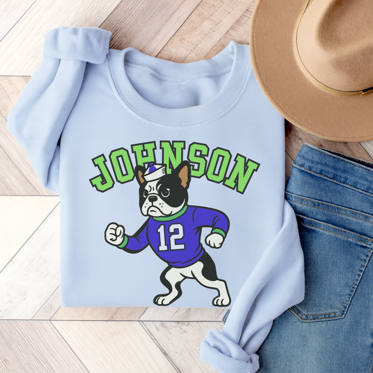 Piebald Frenchie College Mascot Sweatshirt Light Blue