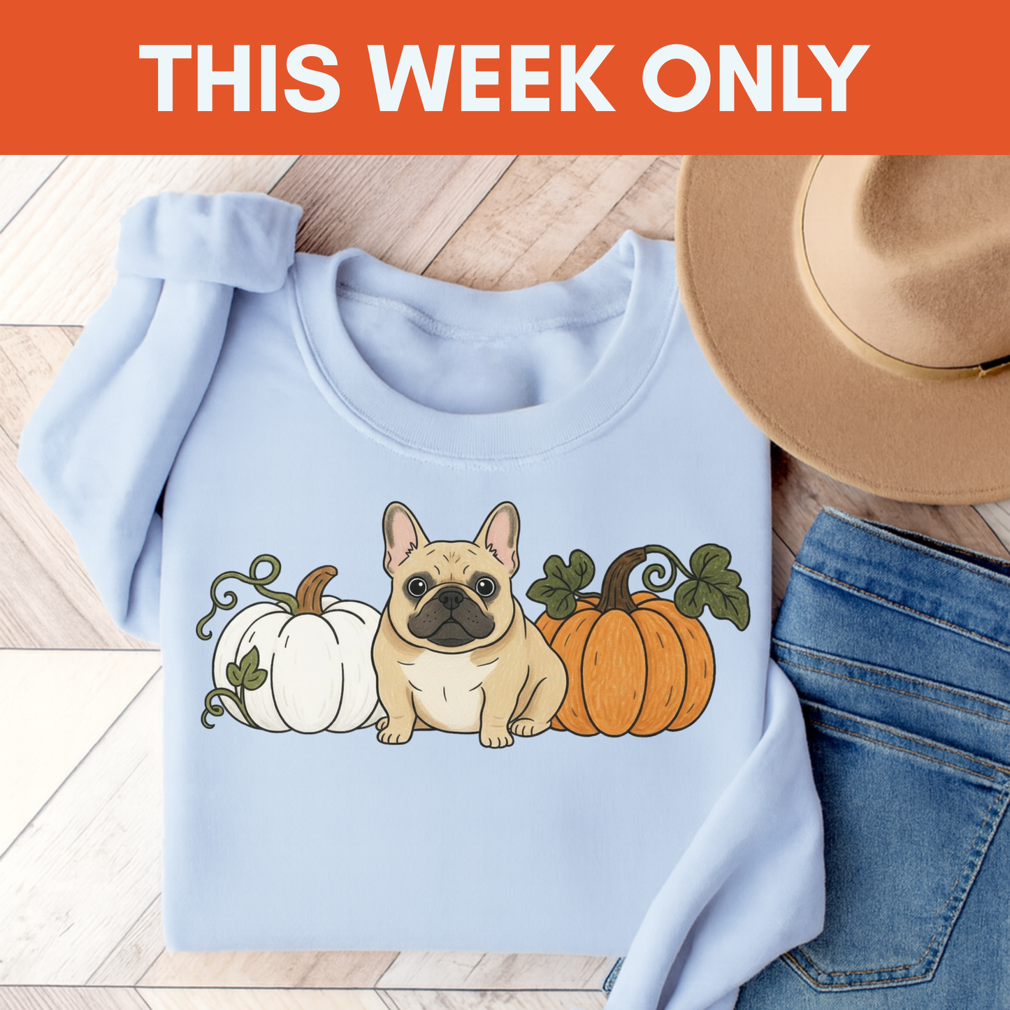 Fawn Frenchie Pupkin Unisex Sweatshirt Light Blue