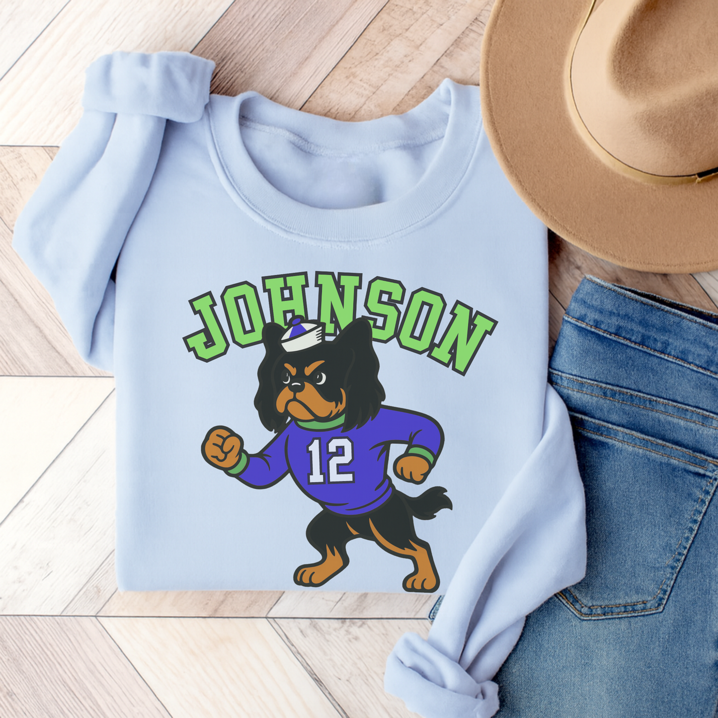 Black Tan Cavalier College Mascot Sweatshirt Light Blue