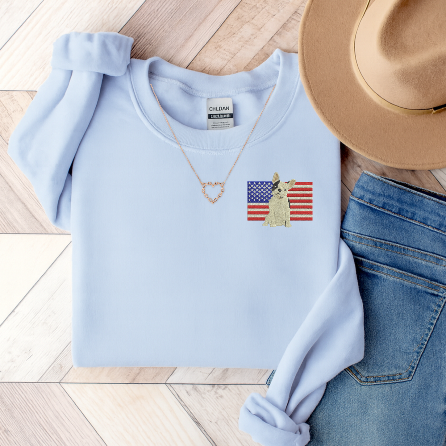 Embroidered Flag Piebald Frenchie Sweatshirt