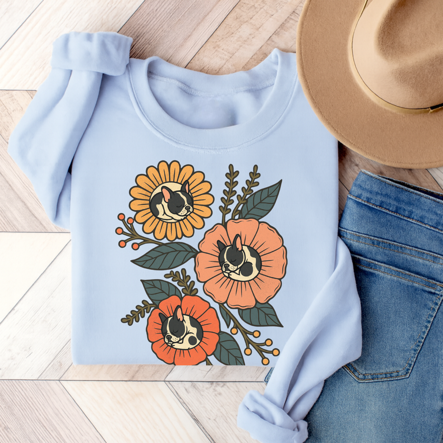 Piebald Frenchie Sleeping Flowers Sweatshirt Light Blue