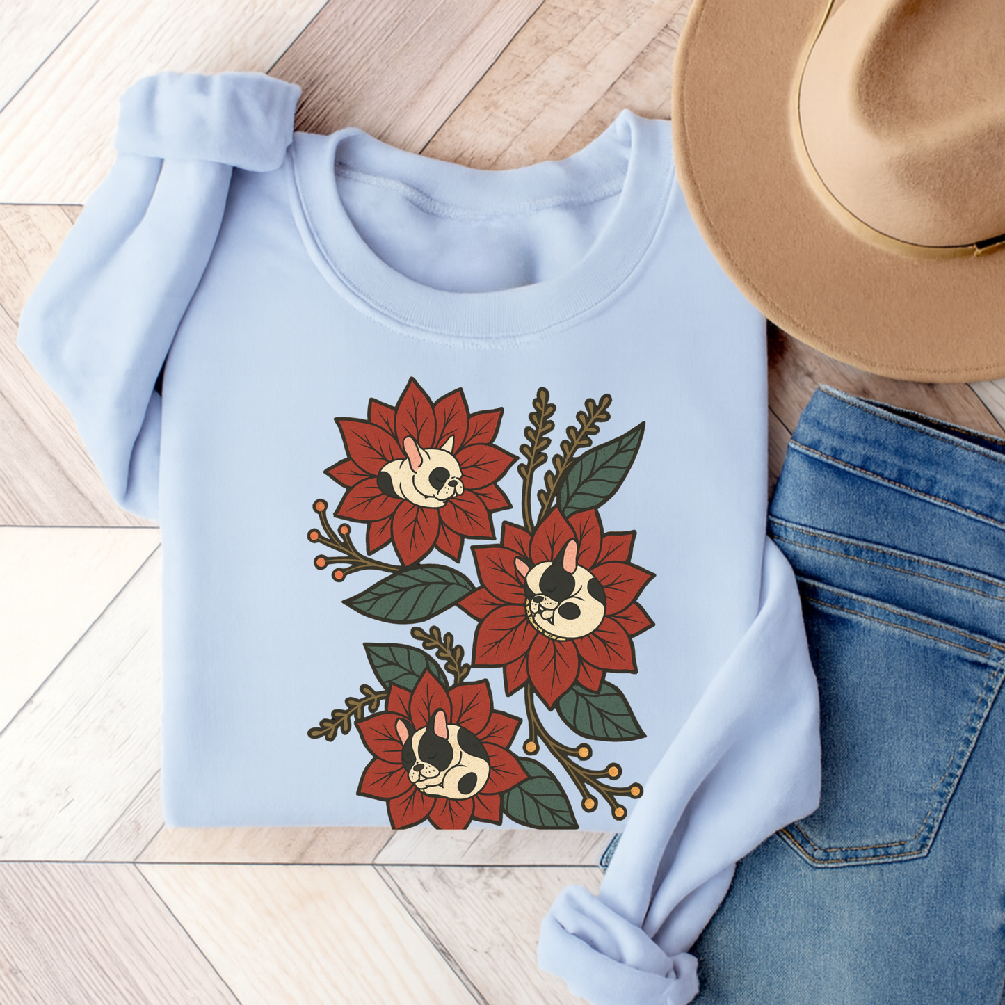 Piebald Frenchie Christmas Flower Sweatshirt Light Blue