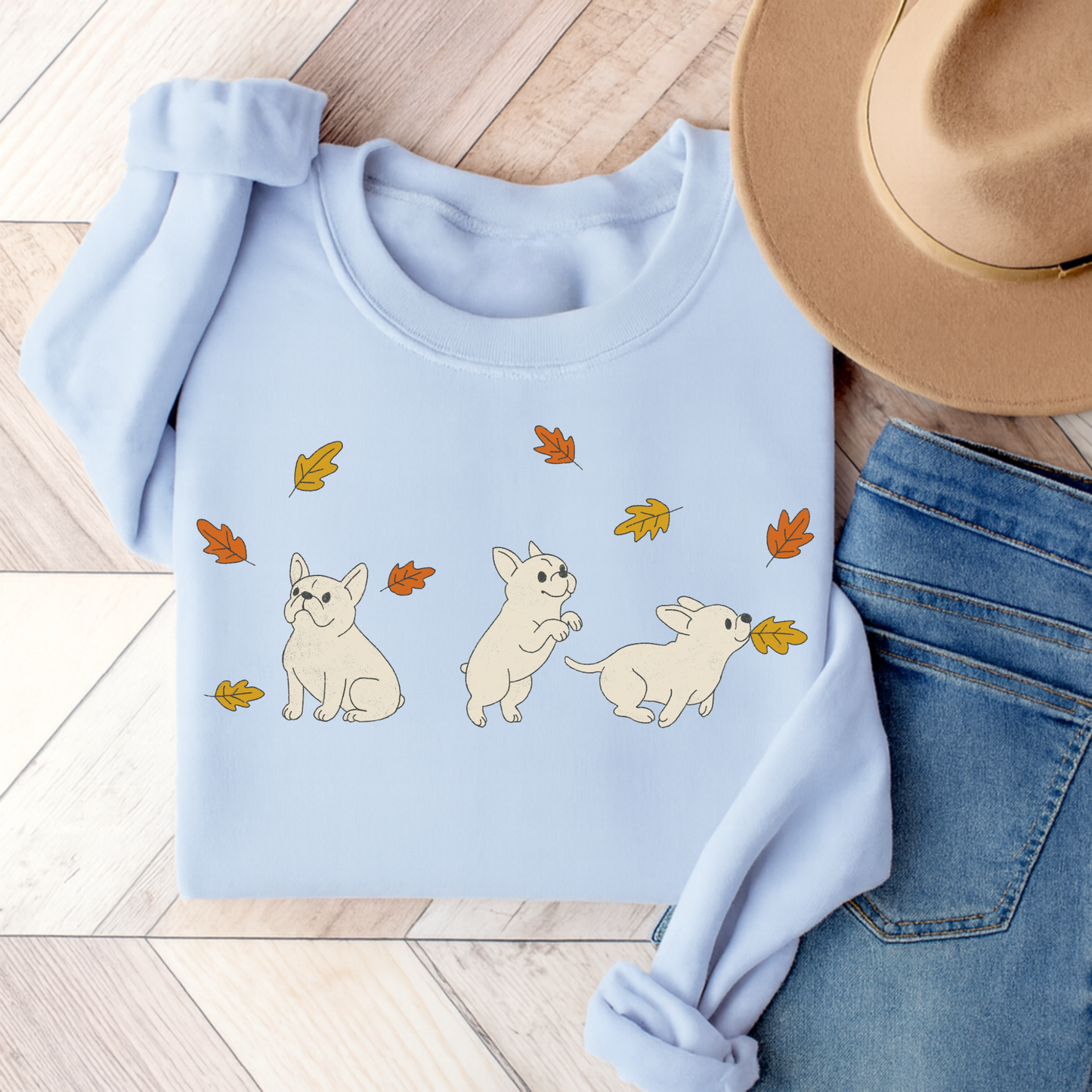 White Frenchie Chasing Leaves Sweatshirt Light Blue