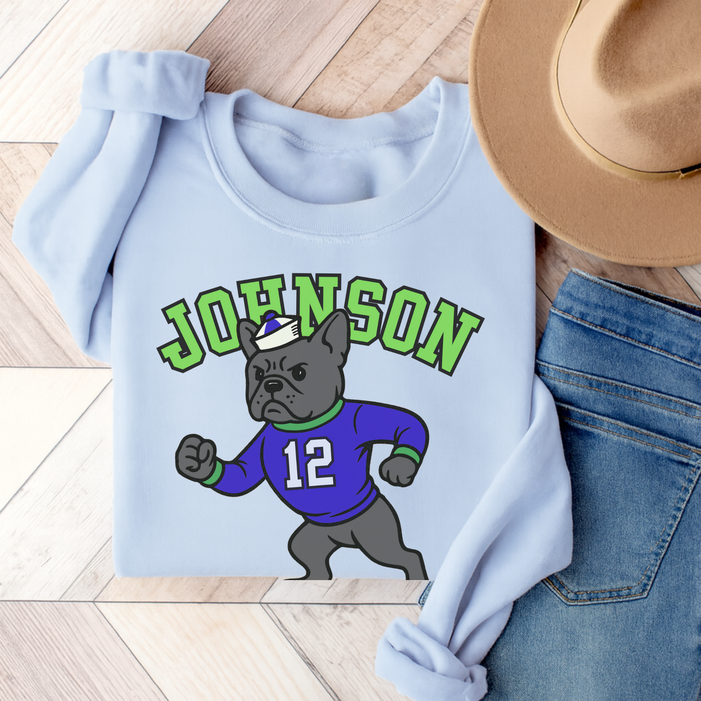 Black Frenchie College Mascot Sweatshirt Light Blue