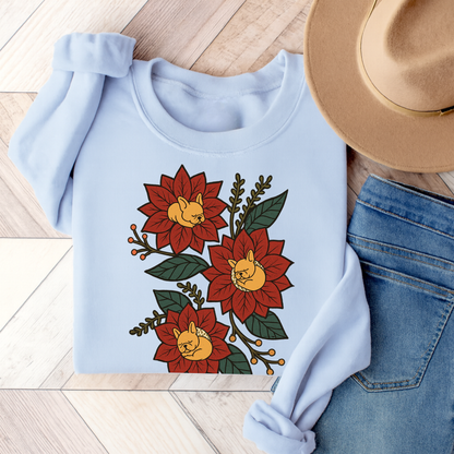 Fawn Frenchie Christmas Flower Sweatshirt Light Blue