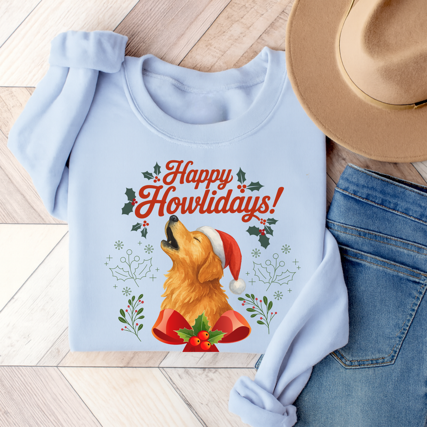 Golden Retriever Happy Howlidays Sweatshirt Light Blue