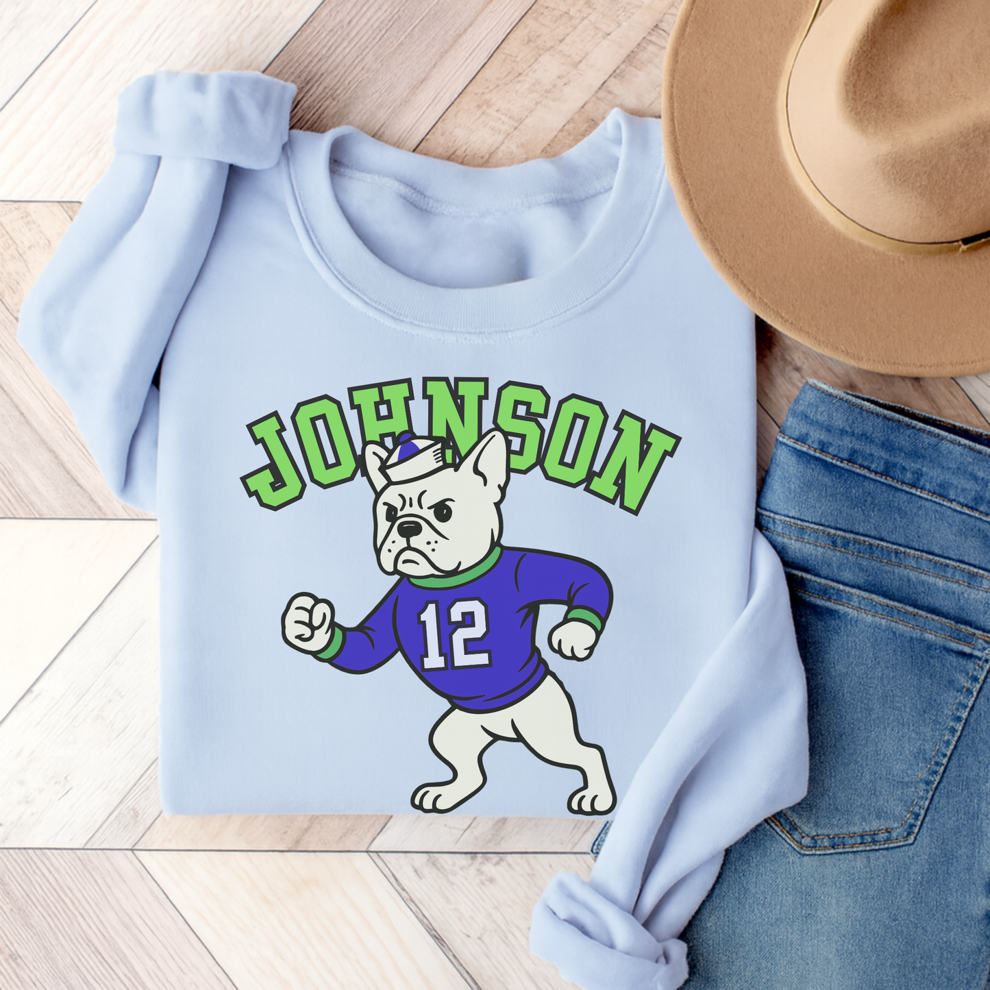 White Frenchie College Mascot Sweatshirt Light Blue