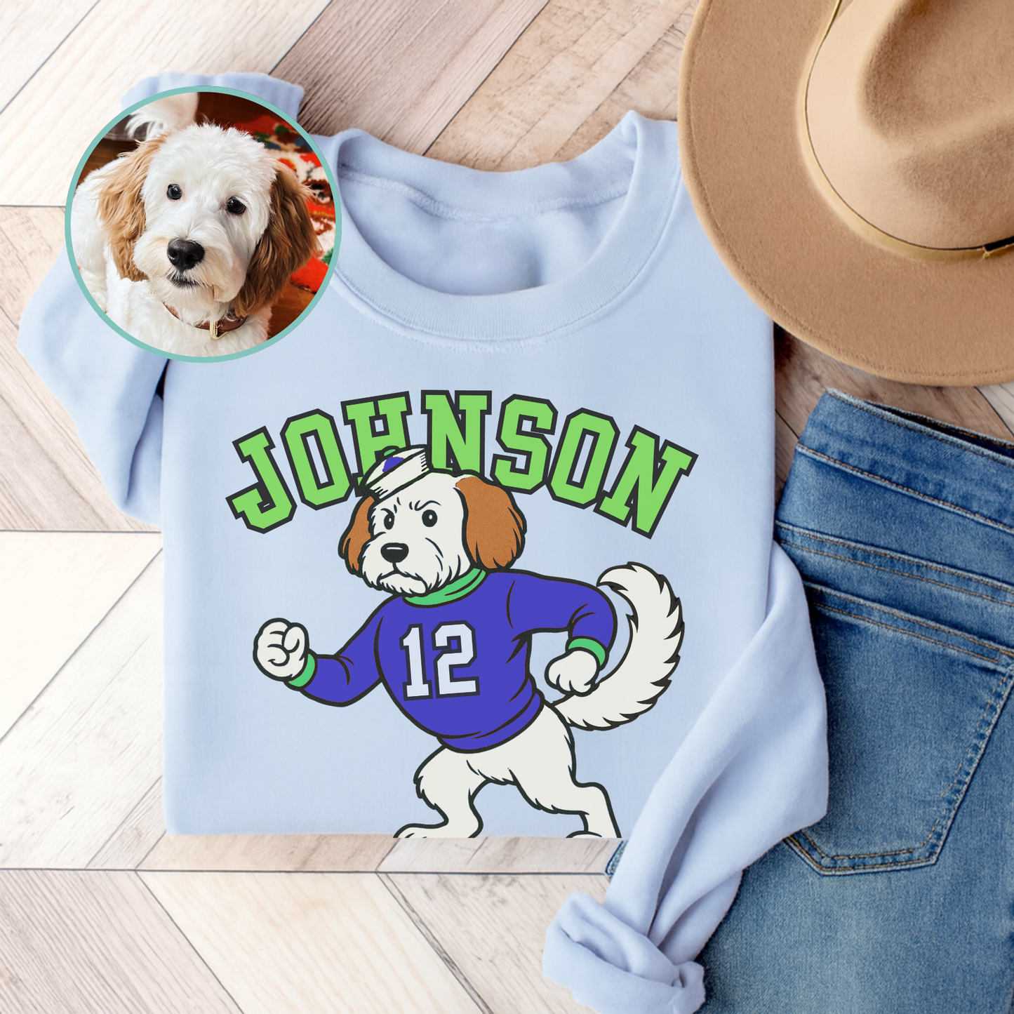 Custom College Mascot Mutt Sweatshirt Light Blue