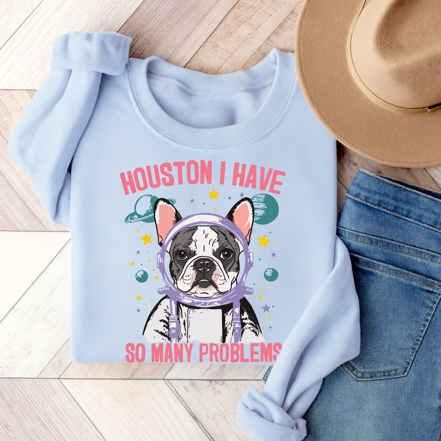 Piebald Frenchie Houston Space Sweatshirt Light Blue