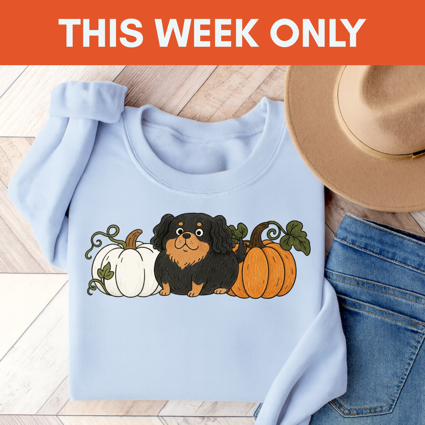 Black Tan Cavalier Pupkin Unisex Sweatshirt Light Blue