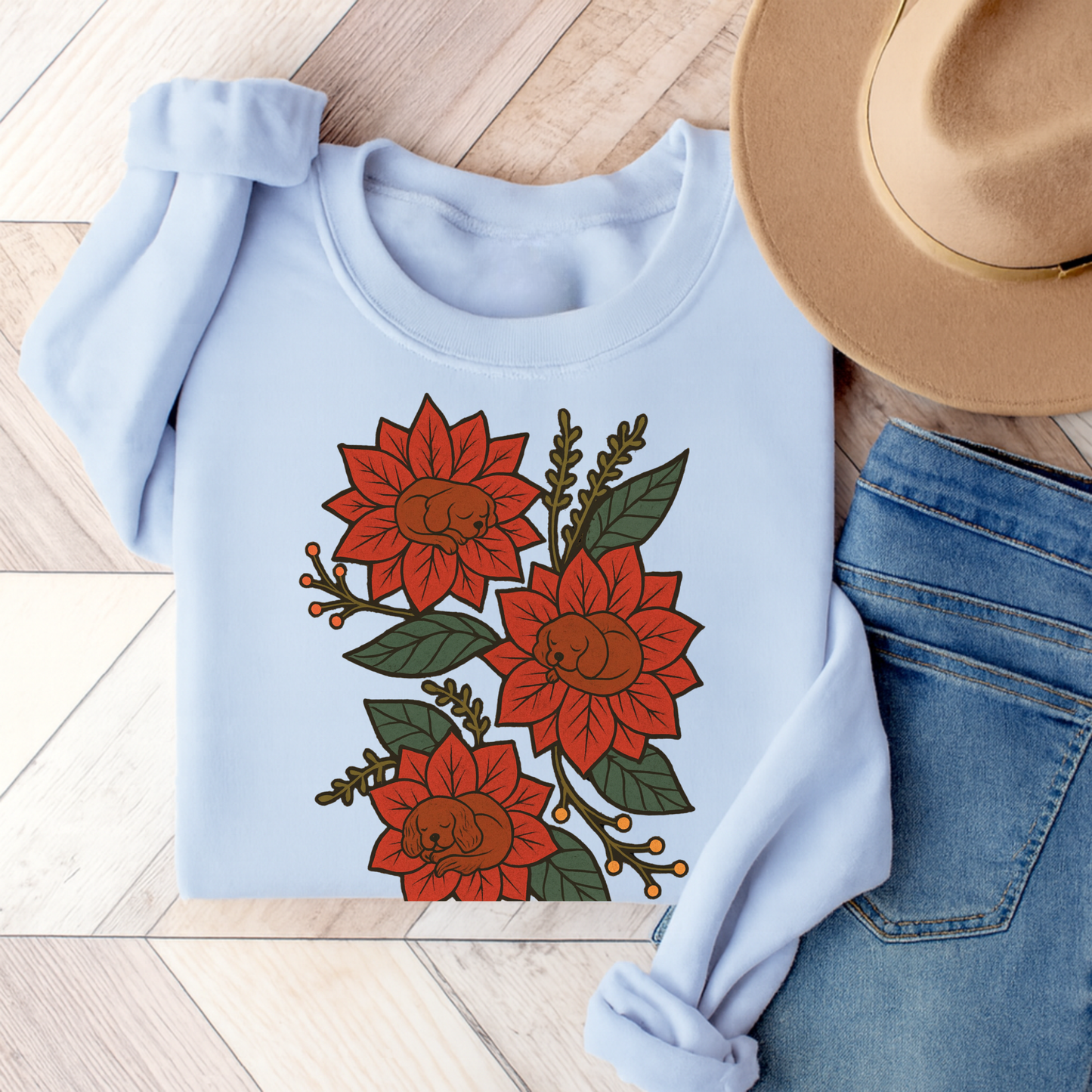 Ruby Cavalier Christmas Flower Sweatshirt Light Blue