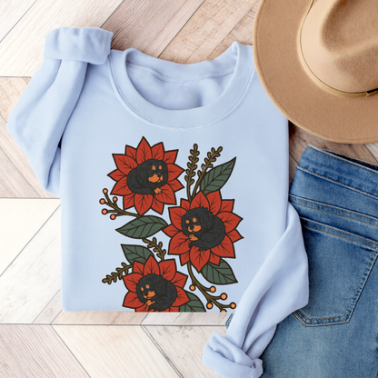 Black Tan Cavalier Christmas Flower Sweatshirt Light Blue