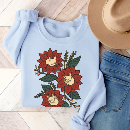 White Frenchie Christmas Flower Sweatshirt Light Blue