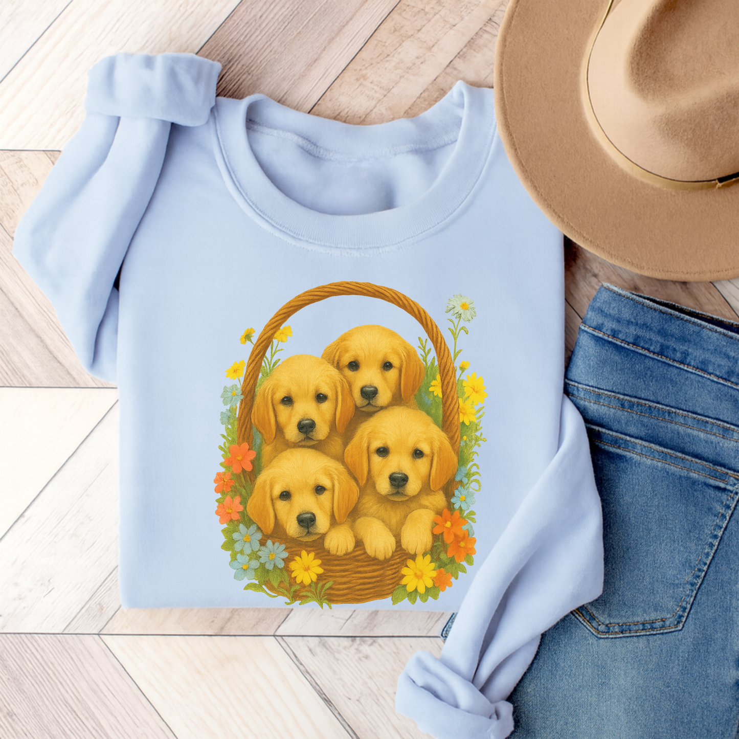 Puppy Basket Golden Retriever Sweatshirt Light Blue