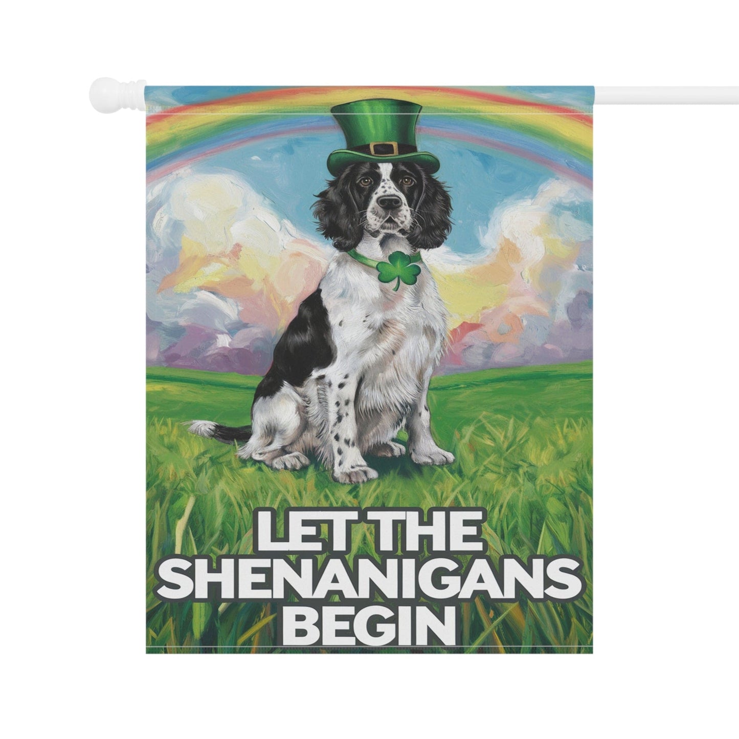 Printify Home Decor Lucky Black Springer Spaniel, St. Patrick's Day Leprechaun Hat, Rainbow Dog Garden Flag