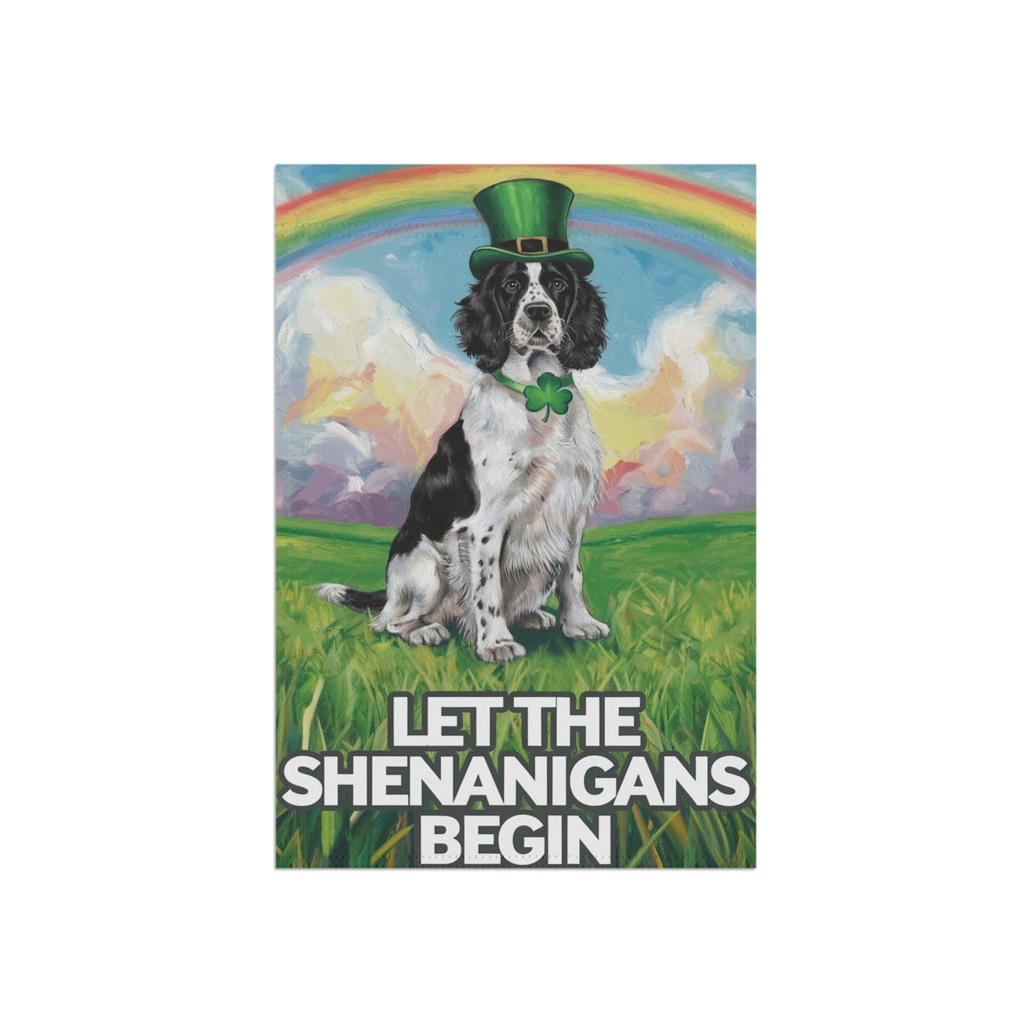 Printify Home Decor Lucky Black Springer Spaniel, St. Patrick's Day Leprechaun Hat, Rainbow Dog Garden Flag