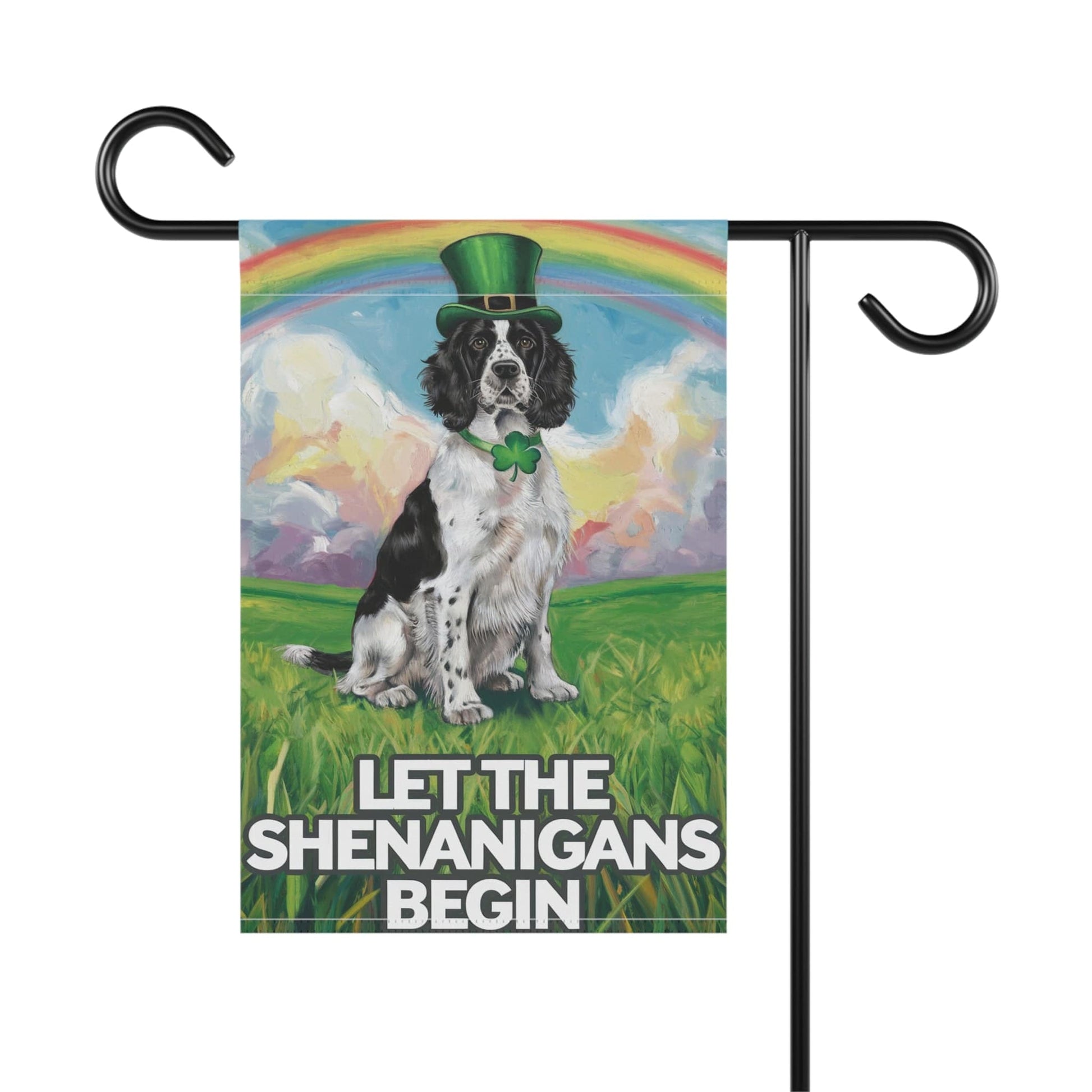Printify Home Decor Lucky Black Springer Spaniel, St. Patrick's Day Leprechaun Hat, Rainbow Dog Garden Flag