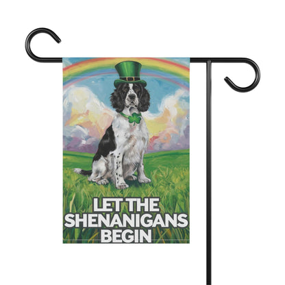 Printify Home Decor Lucky Black Springer Spaniel, St. Patrick's Day Leprechaun Hat, Rainbow Dog Garden Flag