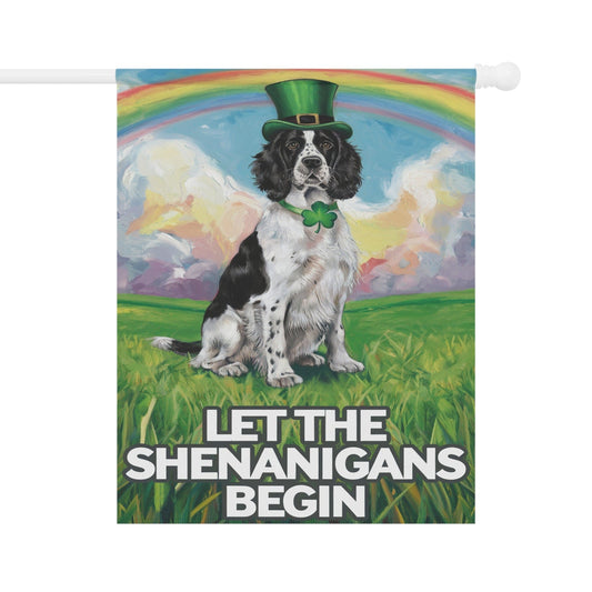 Printify Home Decor 24.5'' × 32'' Lucky Black Springer Spaniel, St. Patrick's Day Leprechaun Hat, Rainbow Dog Garden Flag