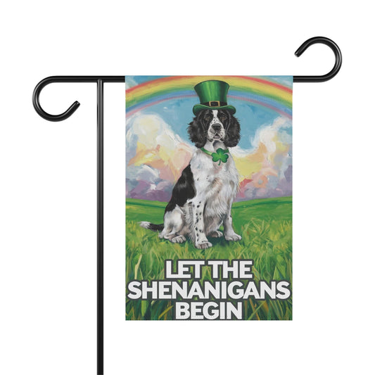 Printify Home Decor 12'' × 18'' Lucky Black Springer Spaniel, St. Patrick's Day Leprechaun Hat, Rainbow Dog Garden Flag