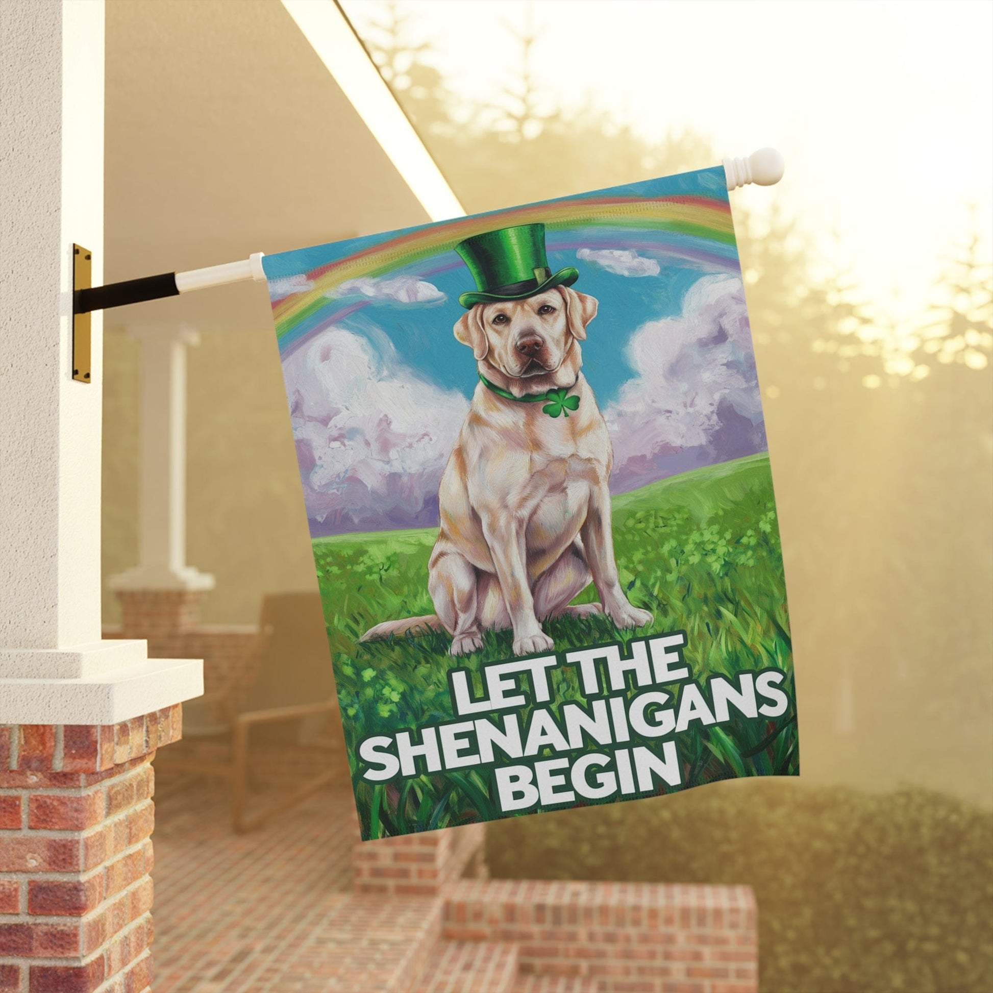 Printify Home Decor Lucky Dog St. Patrick's Day Yellow Laborador, Rainbow Irish Holiday Dog Art Garden Flag