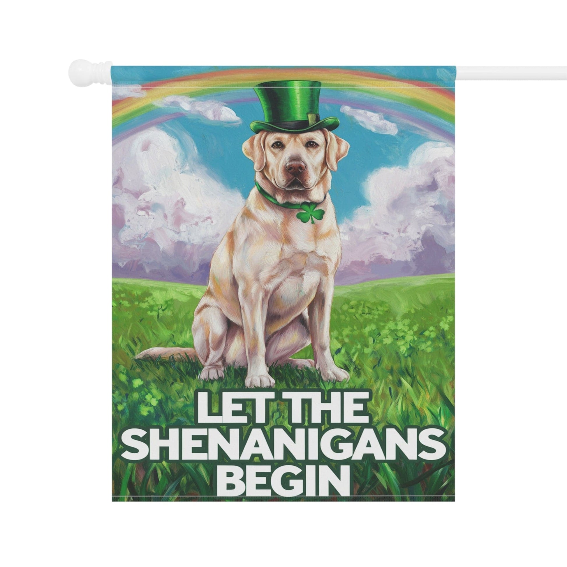 Printify Home Decor Lucky Dog St. Patrick's Day Yellow Laborador, Rainbow Irish Holiday Dog Art Garden Flag