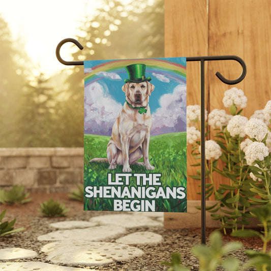 Printify Home Decor Lucky Dog St. Patrick's Day Yellow Laborador, Rainbow Irish Holiday Dog Art Garden Flag