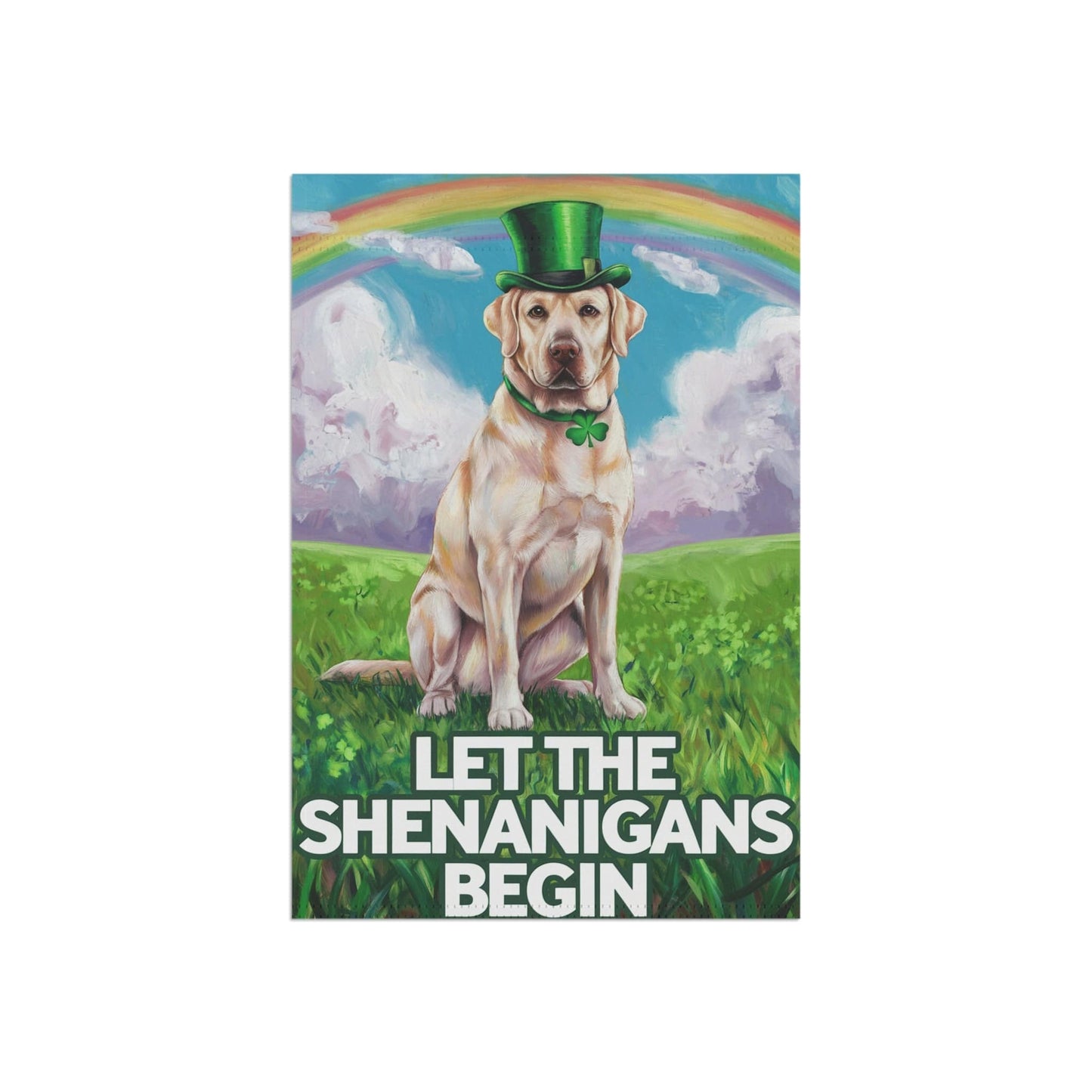 Printify Home Decor Lucky Dog St. Patrick's Day Yellow Laborador, Rainbow Irish Holiday Dog Art Garden Flag