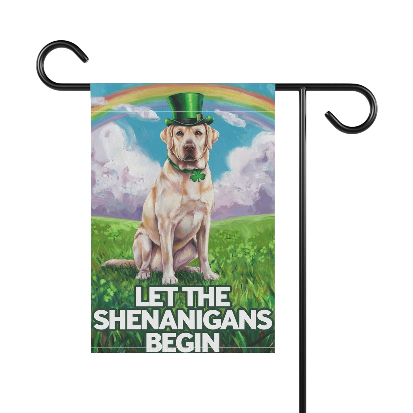 Printify Home Decor Lucky Dog St. Patrick's Day Yellow Laborador, Rainbow Irish Holiday Dog Art Garden Flag
