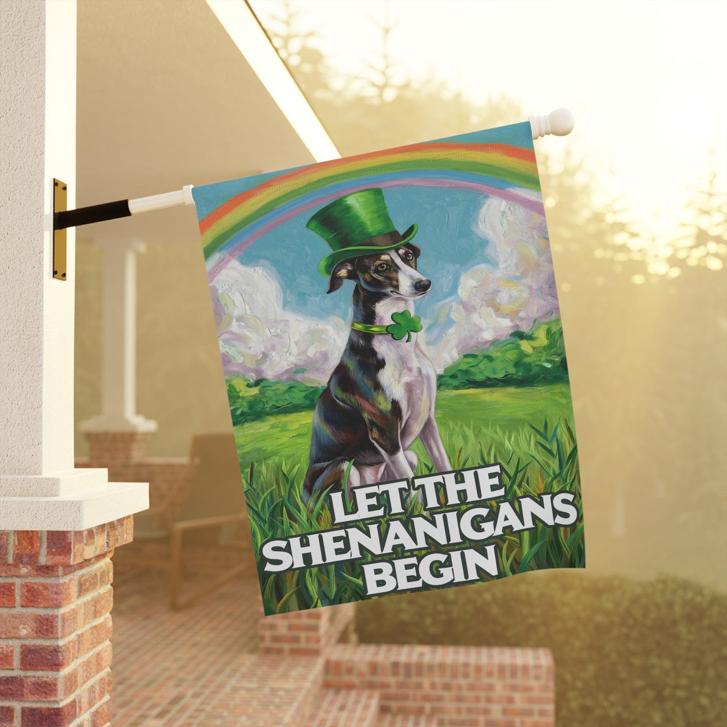 Printify Home Decor Lucky St. Patrick's Day Black Greyhound, Rainbow Leprechaun Dog, Whimsical Pet Garden Flag