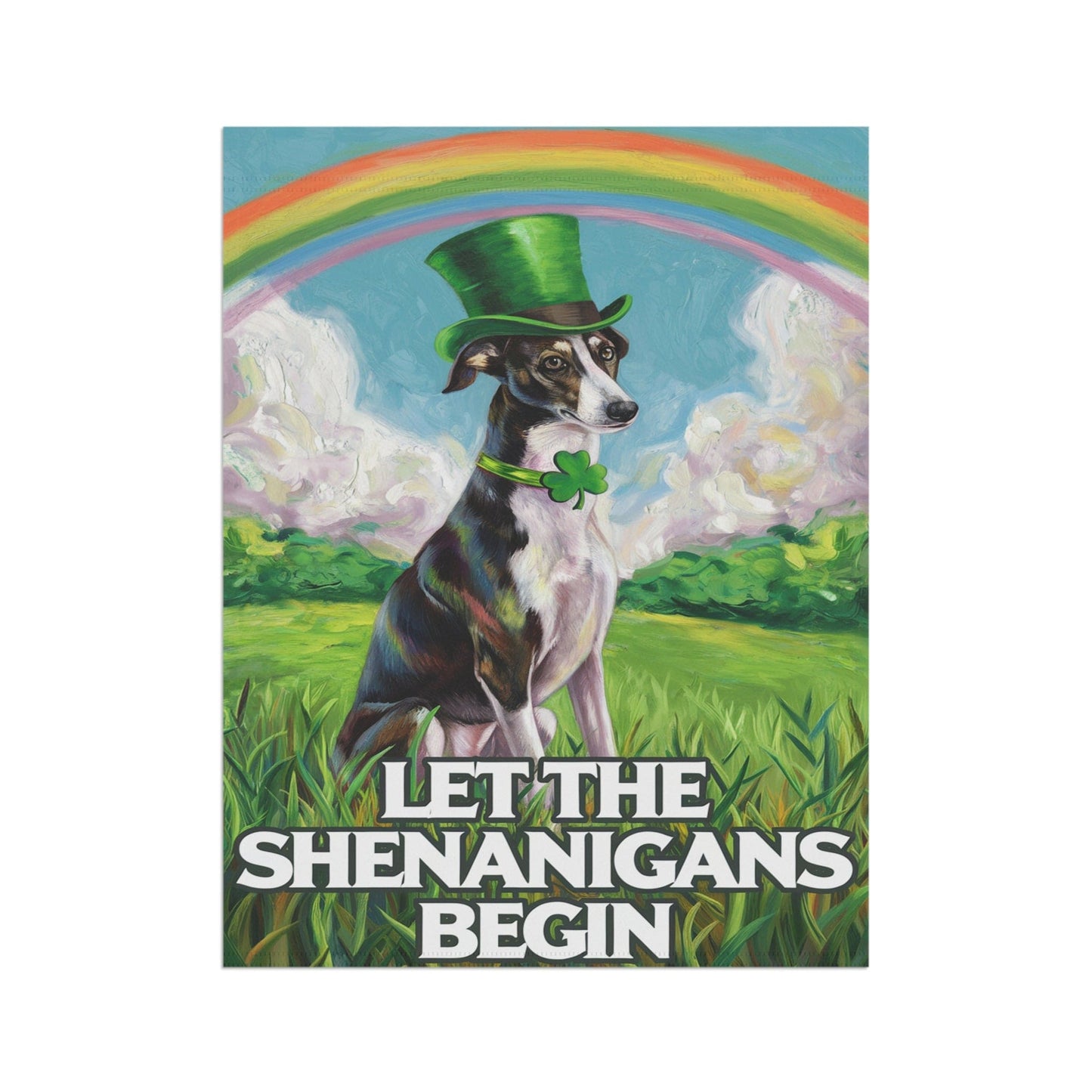 Printify Home Decor Lucky St. Patrick's Day Black Greyhound, Rainbow Leprechaun Dog, Whimsical Pet Garden Flag