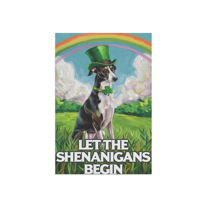Printify Home Decor Lucky St. Patrick's Day Black Greyhound, Rainbow Leprechaun Dog, Whimsical Pet Garden Flag
