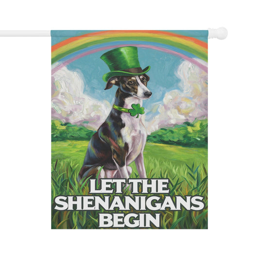 Printify Home Decor 24.5'' × 32'' Lucky St. Patrick's Day Black Greyhound, Rainbow Leprechaun Dog, Whimsical Pet Garden Flag