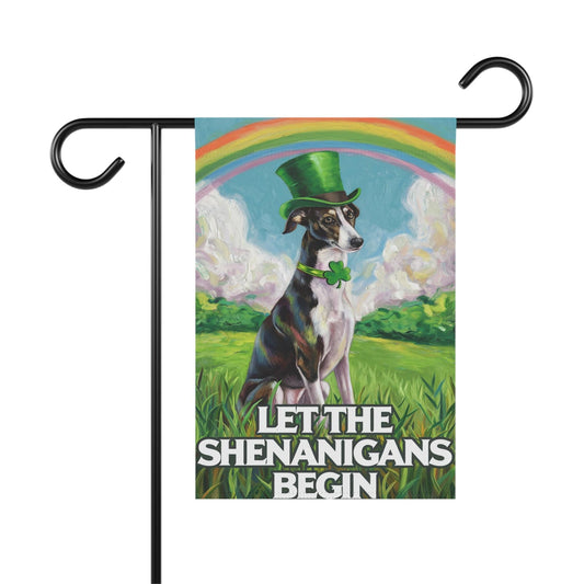Printify Home Decor 12'' × 18'' Lucky St. Patrick's Day Black Greyhound, Rainbow Leprechaun Dog, Whimsical Pet Garden Flag