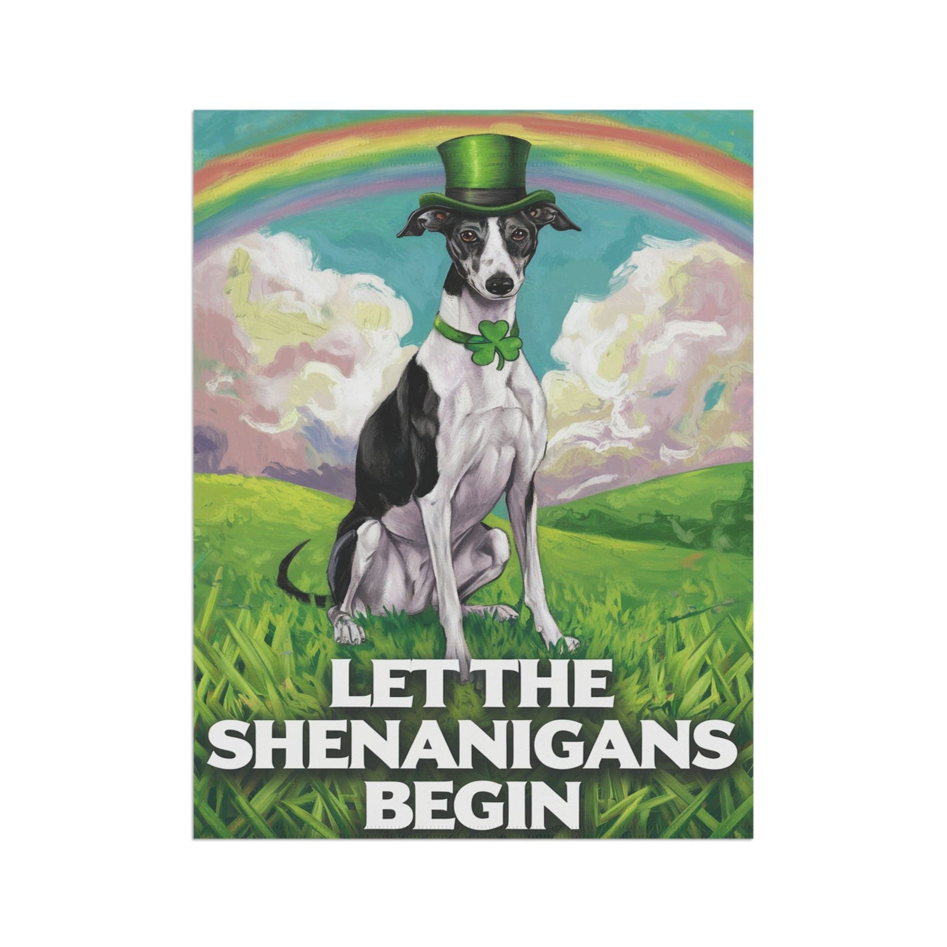 Printify Home Decor Lucky St. Patrick's Day: Greyhound, Leprechaun Hat, Rainbow Whimsical Dog Garden Flag
