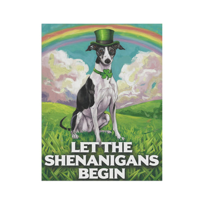 Printify Home Decor Lucky St. Patrick's Day: Greyhound, Leprechaun Hat, Rainbow Whimsical Dog Garden Flag